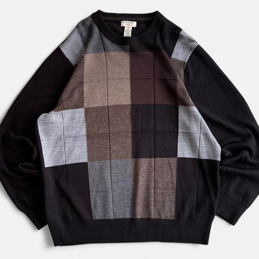Dockers Men’s Black Brown Grey Square Checked Lightweight Crewneck Sweater XL
